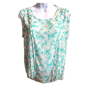 Loft Sea Green White Cap Sleeve Blouse Floral Size Small Lined Elastic Waist